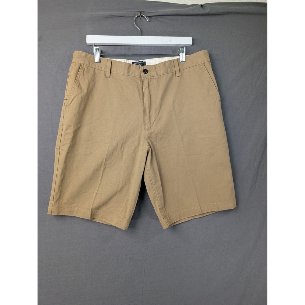 Dockers Mens Khaki Chino Shorts Tan Size 36 Flat Front‎ Cotton Blend